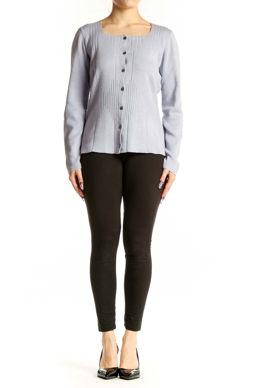 Lavender cashmere silk cardigan with button-front closure and pleated detailing, front view