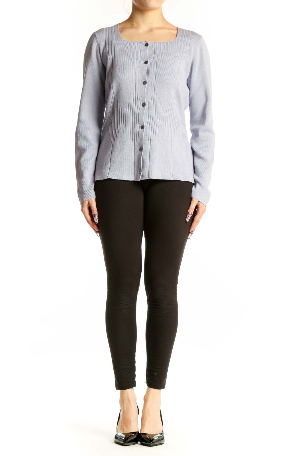 Lavender cashmere silk cardigan with button-front closure and pleated detailing, front view