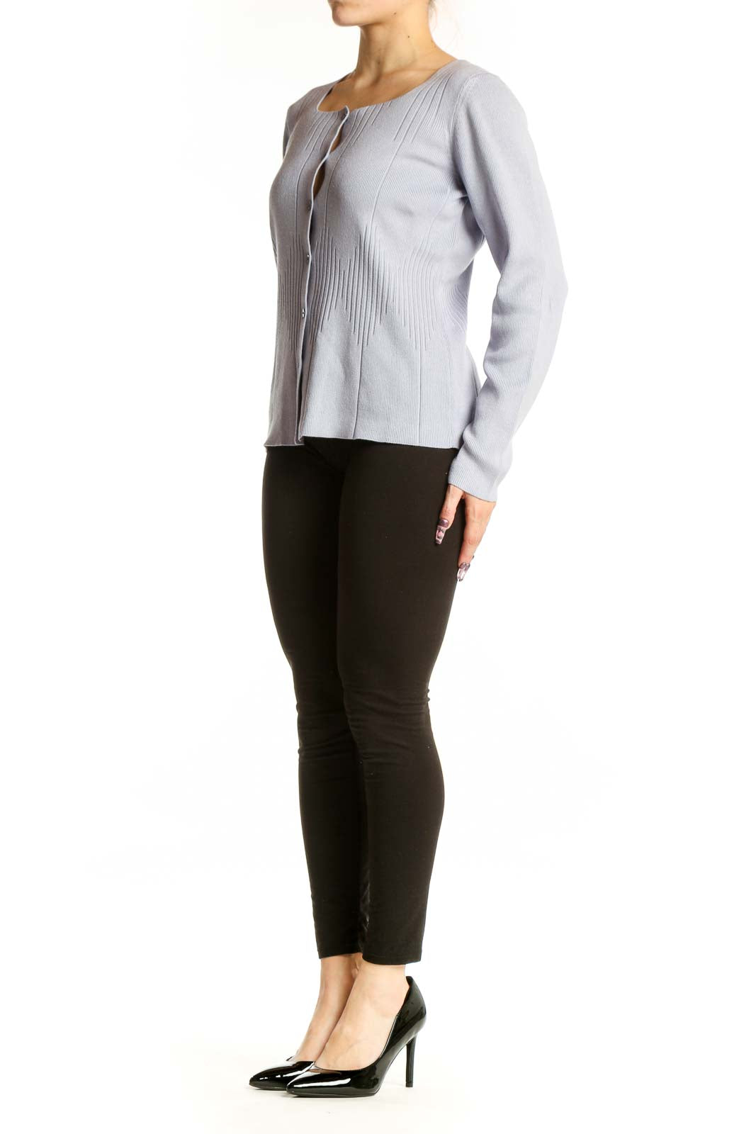 Lavender cashmere silk cardigan with button-front closure and pleated detailing, front view