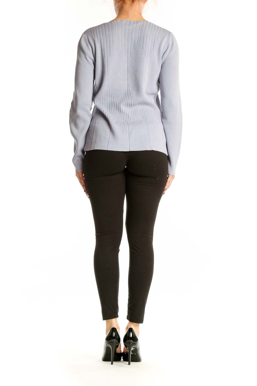 Lavender cashmere silk cardigan with button-front closure, back view