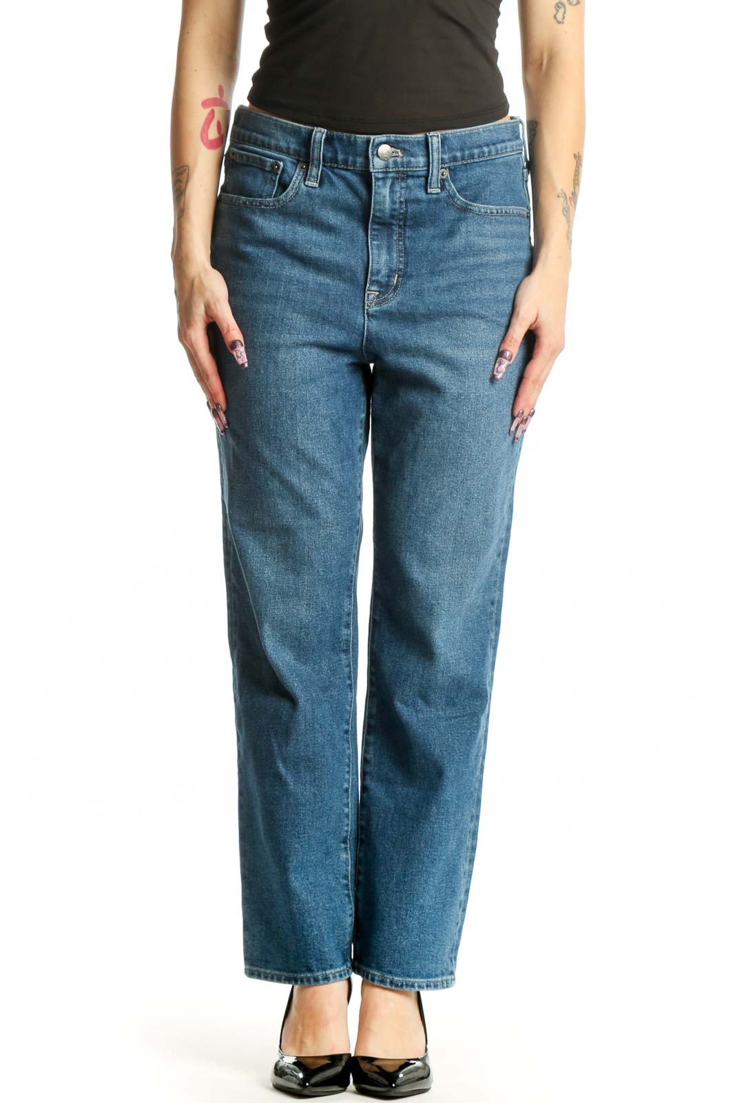 Front view of blue straight-leg denim jeans by J.Crew, featuring classic five-pocket styling and medium blue wash