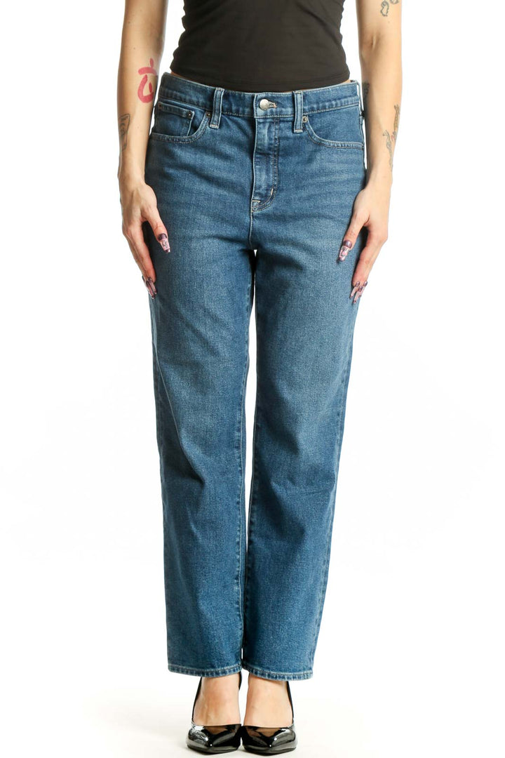 Front view of blue straight-leg denim jeans by J.Crew, featuring classic five-pocket styling and medium blue wash
