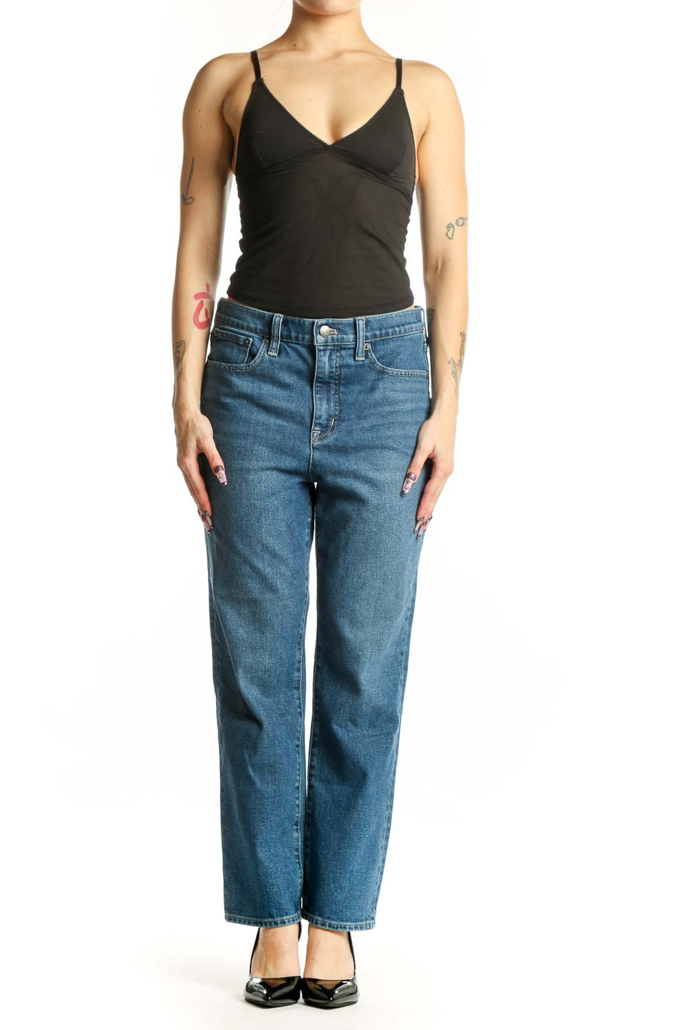 Front view of blue straight-leg denim jeans by J.Crew, featuring classic five-pocket styling and medium blue wash