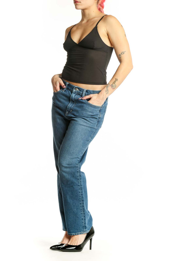 Front view of blue straight-leg denim jeans by J.Crew, featuring classic five-pocket styling and medium blue wash