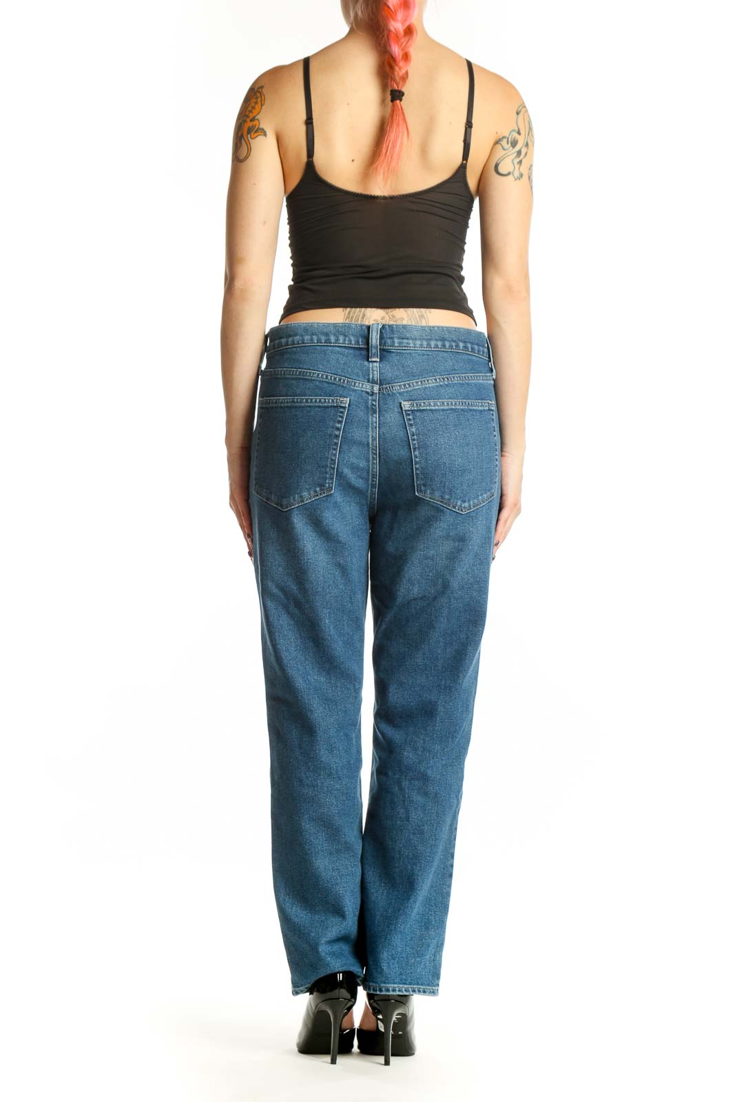 Back view of J.Crew blue denim jeans showing straight-leg silhouette and classic pocket design