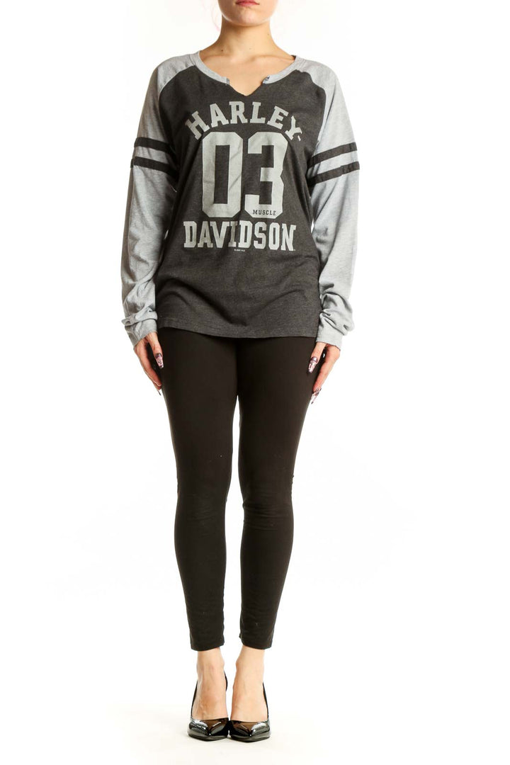 Charcoal and gray Harley Davidson graphic tee with varsity-inspired design and raglan sleeves, front view