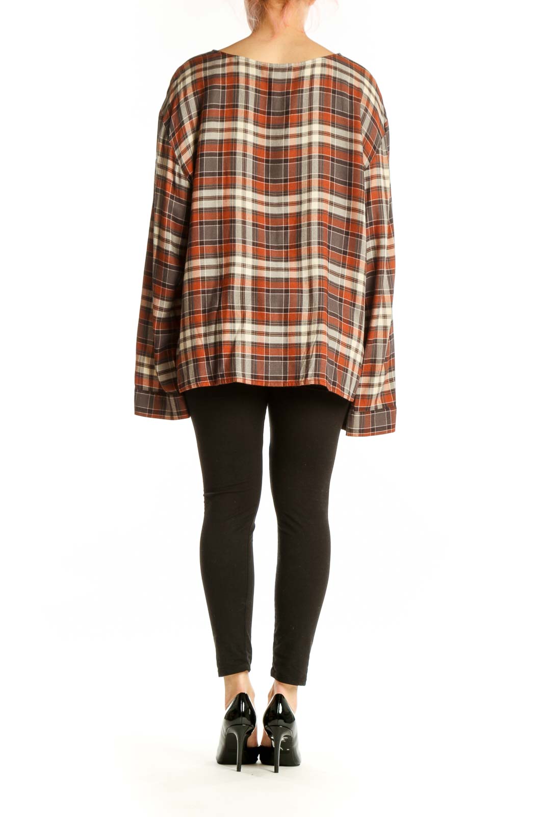 Orange and cream plaid V-neck long sleeve top with oversized fit, back view