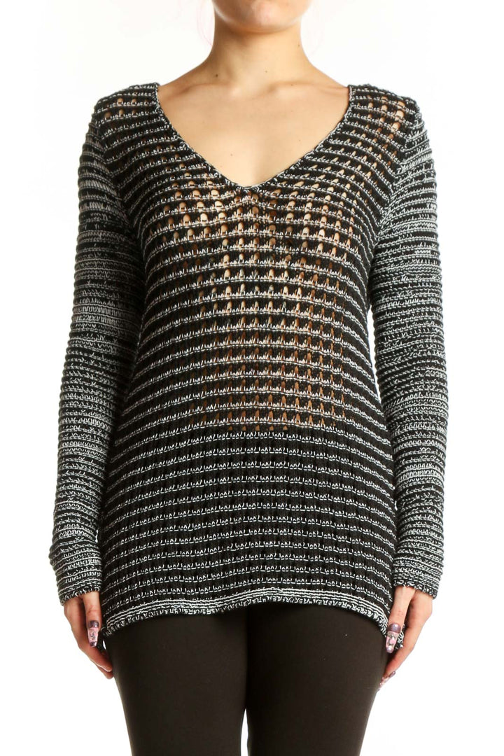Black textured knit top with cream geometric pattern and V-neckline by Helmut Lang, front view