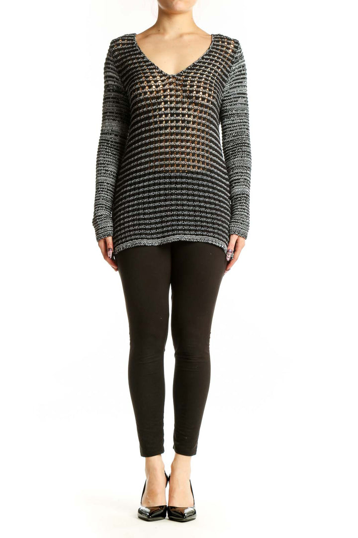 Black textured knit top with cream geometric pattern and V-neckline by Helmut Lang, front view