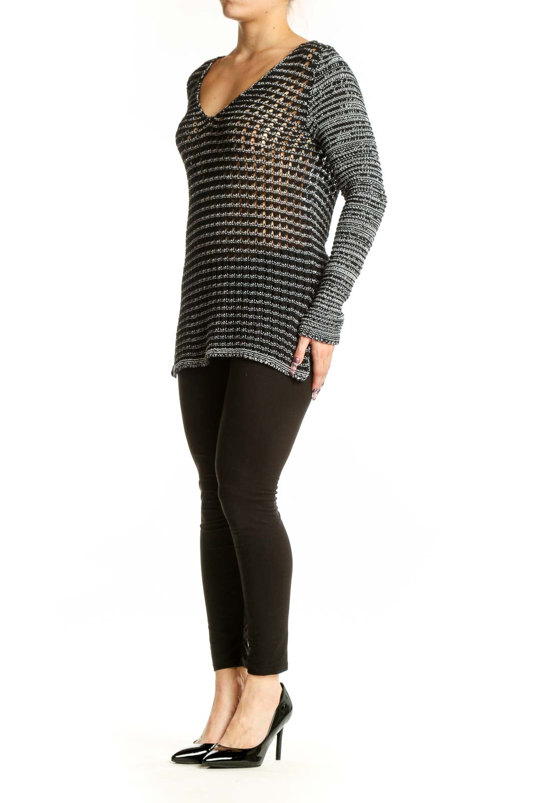 Black textured knit top with cream geometric pattern and V-neckline by Helmut Lang, front view