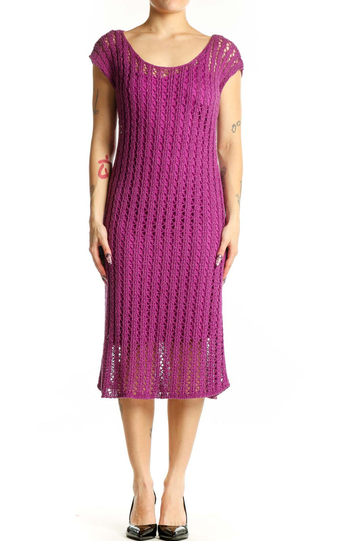 Front view of purple ribbed knit midi dress with cap sleeves and openwork hem detailing
