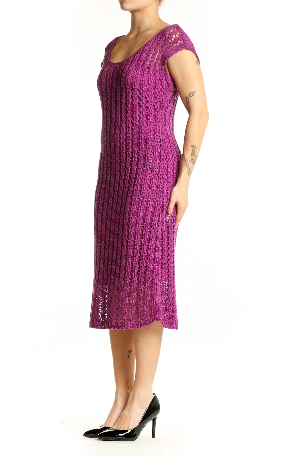 Front view of purple ribbed knit midi dress with cap sleeves and openwork hem detailing