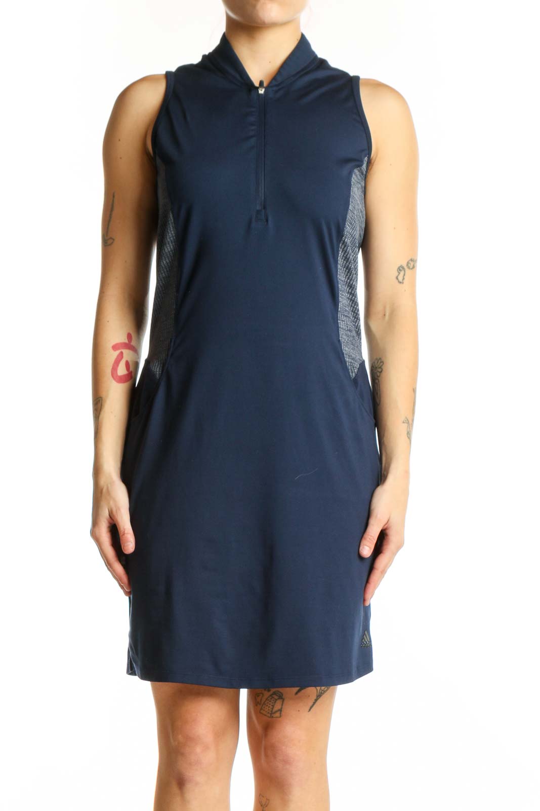 Navy hooded athletic dress with mesh side panels and sleeveless design, front view