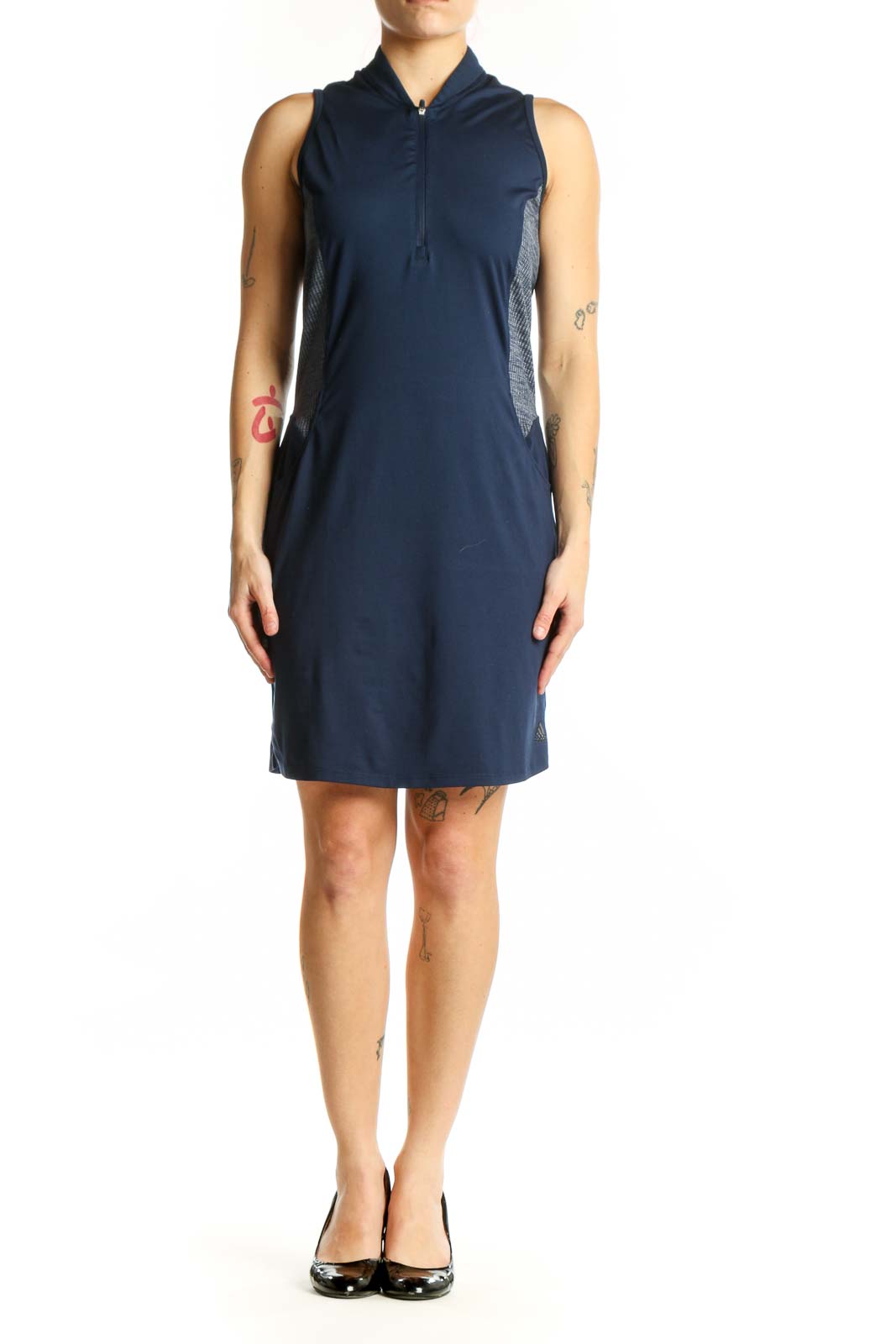 Navy hooded athletic dress with mesh side panels and sleeveless design, front view