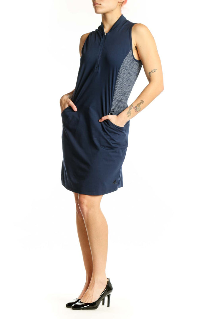 Navy hooded athletic dress with mesh side panels and sleeveless design, front view