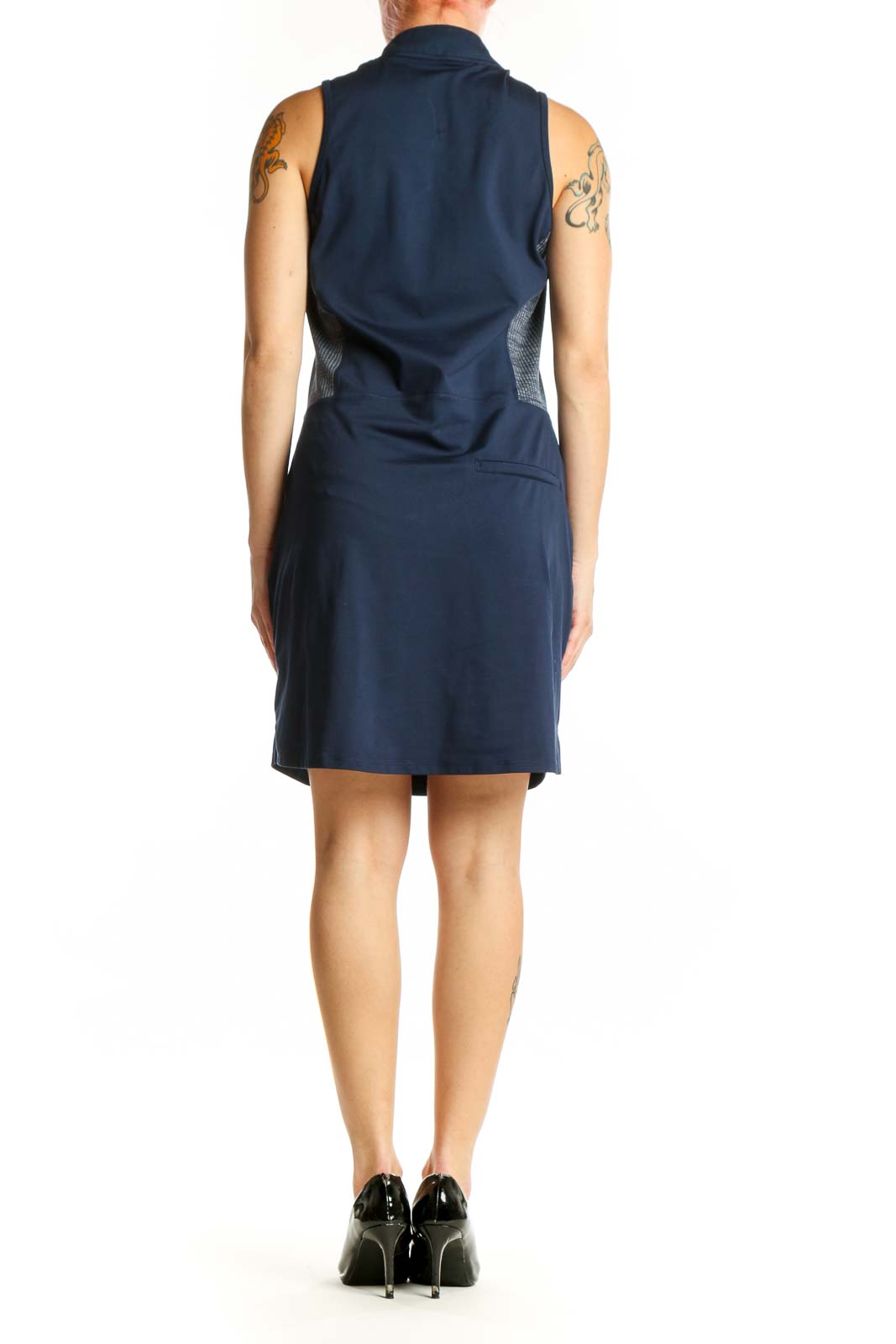 Navy hooded athletic dress with mesh side panels and functional pockets, back view