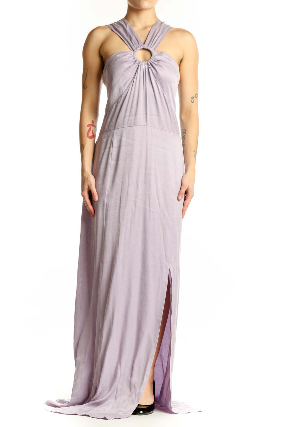 Lavender halter maxi dress with twisted neckline cutout detail and side slit, front view