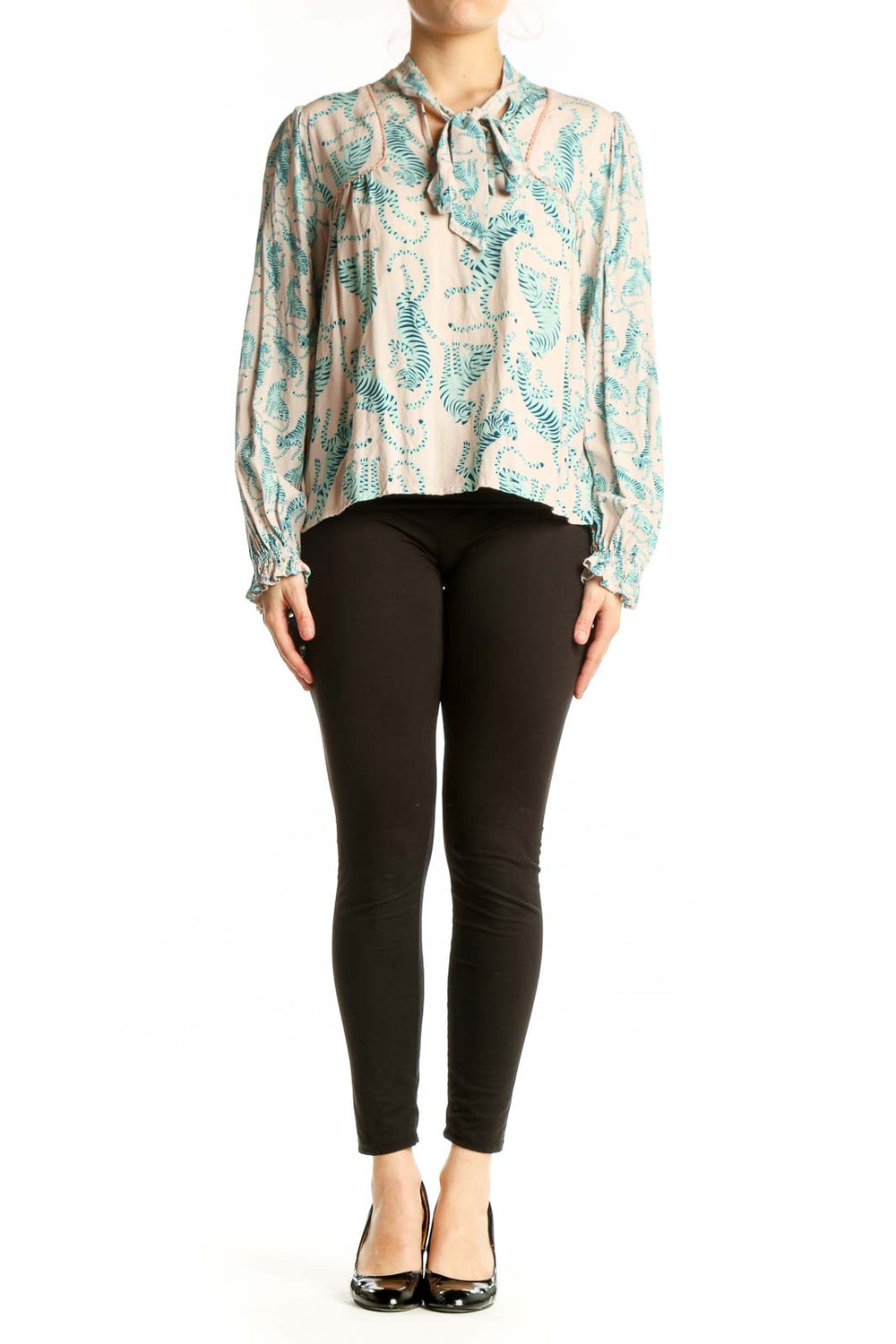 Cream fern print viscose blouse with teal botanical pattern and tie-neck detail, front view