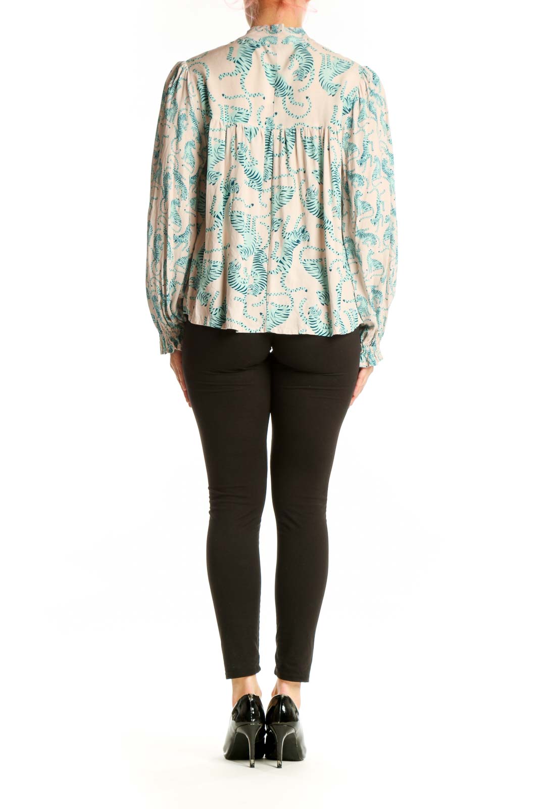 Cream fern print viscose blouse with gathered cuffs and cropped length, back view