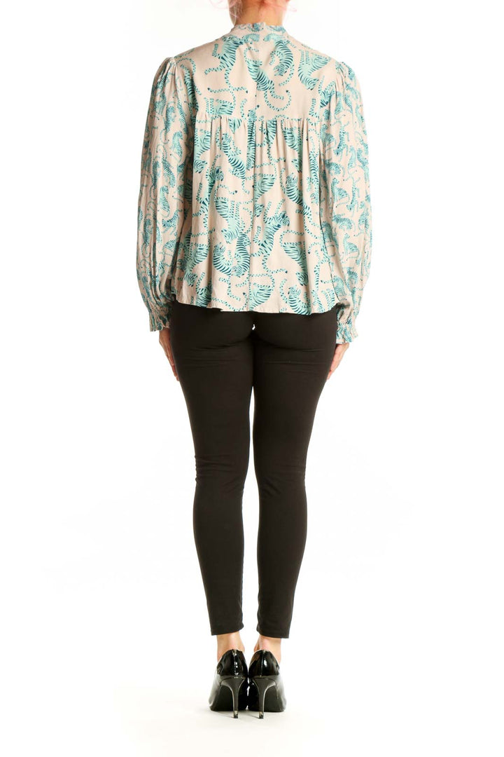 Cream fern print viscose blouse with gathered cuffs and cropped length, back view