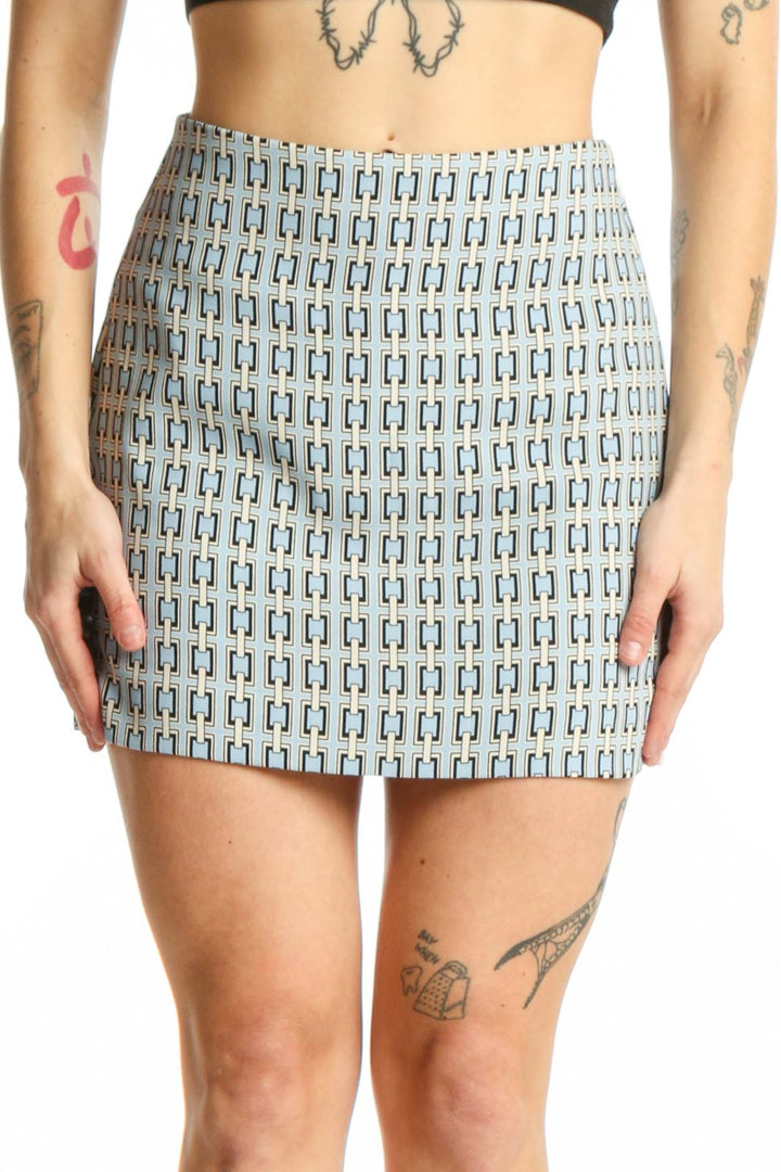 Express blue geometric mini skirt front view, fitted silhouette with abstract pattern