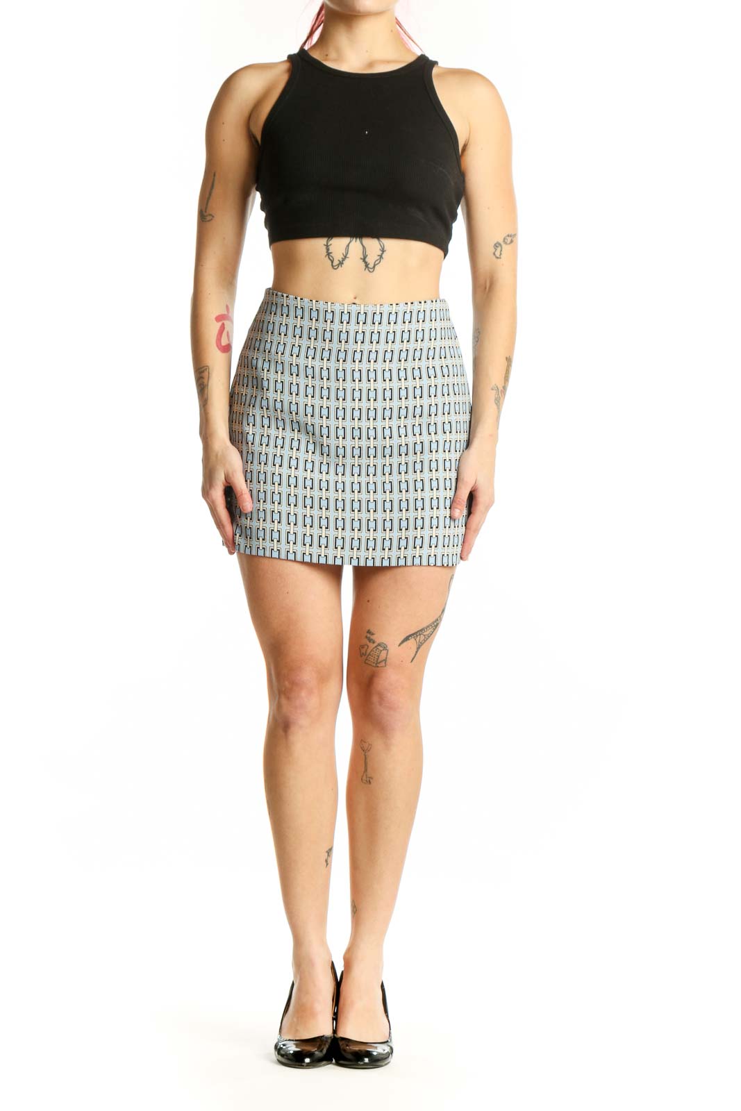 Express blue geometric mini skirt front view, fitted silhouette with abstract pattern