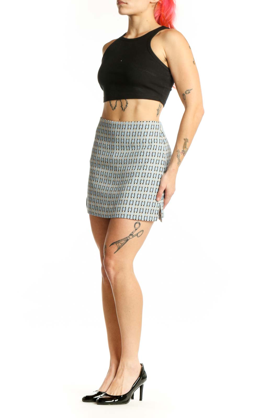 Express blue geometric mini skirt front view, fitted silhouette with abstract pattern