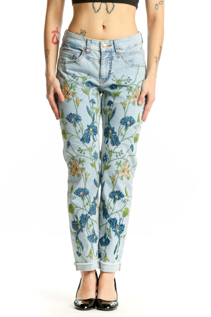 Light blue floral printed denim jeans front view with botanical flower design