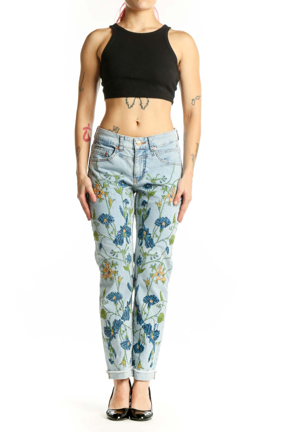 Light blue floral printed denim jeans front view with botanical flower design