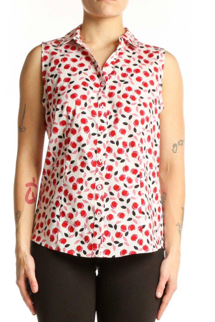 Red and white floral sleeveless button-up top by Talbots, front view on model