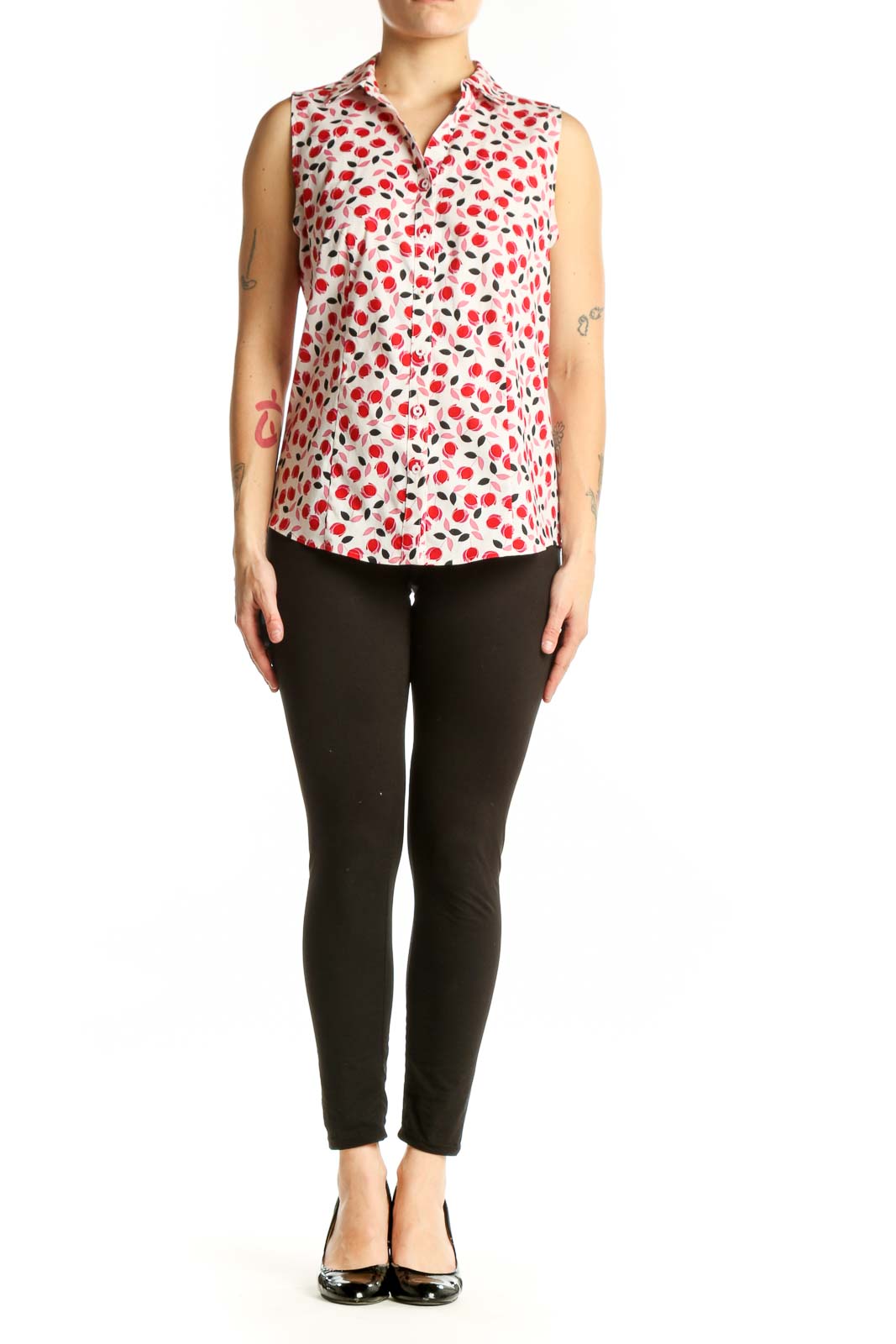 Red and white floral sleeveless button-up top by Talbots, front view on model