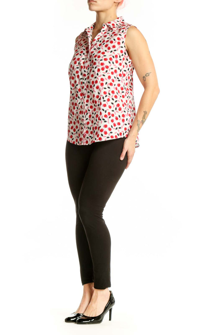 Red and white floral sleeveless button-up top by Talbots, front view on model
