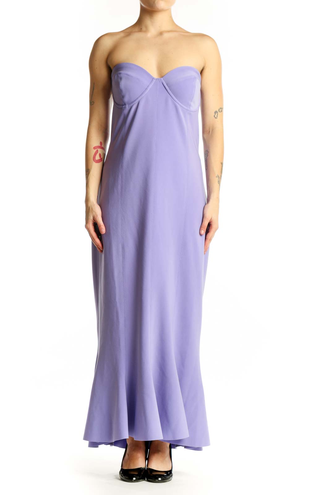 Purple strapless sweetheart maxi dress by NORMA KAMALI, front view showing elegant draping and neckline detail