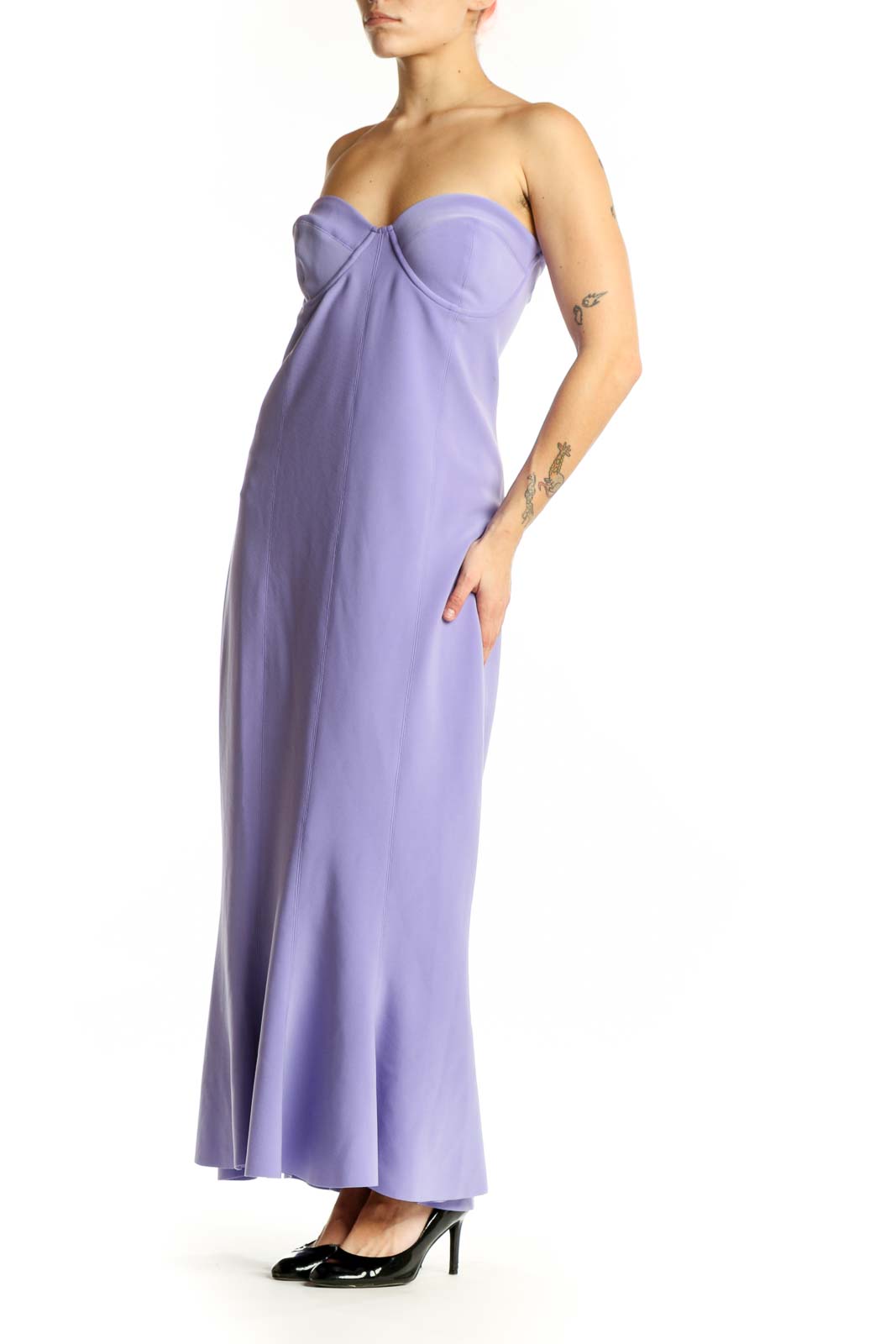 Purple strapless sweetheart maxi dress by NORMA KAMALI, front view showing elegant draping and neckline detail