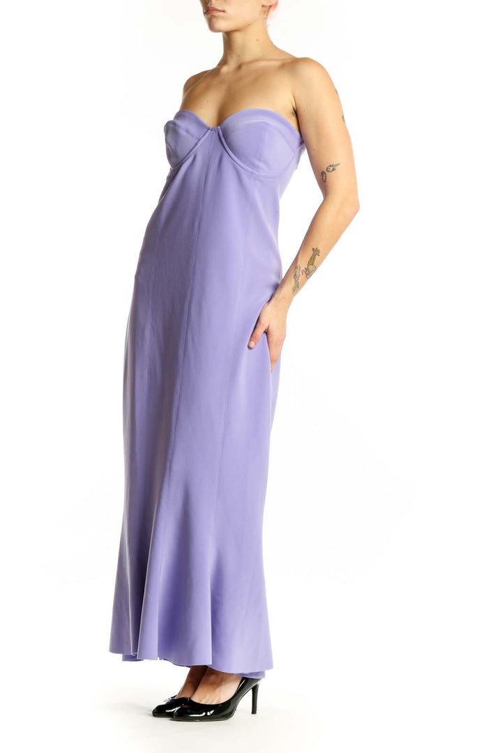 Purple strapless sweetheart maxi dress by NORMA KAMALI, front view showing elegant draping and neckline detail