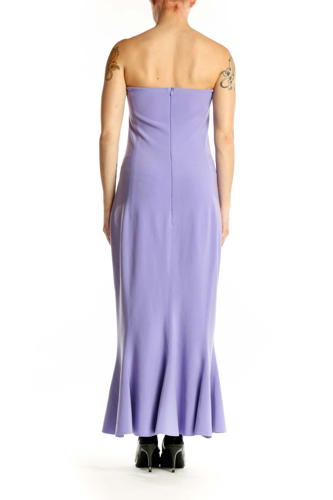 Purple strapless sweetheart maxi dress by NORMA KAMALI, back view displaying flowing fabric and graceful silhouette