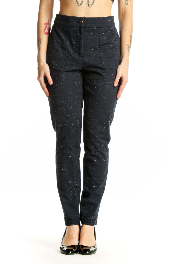 Black speckled ankle pants with tapered fit, front view on model