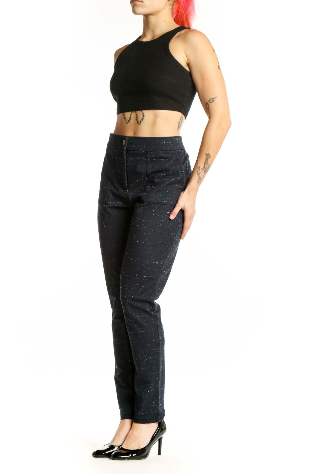 Black speckled ankle pants with tapered fit, front view on model