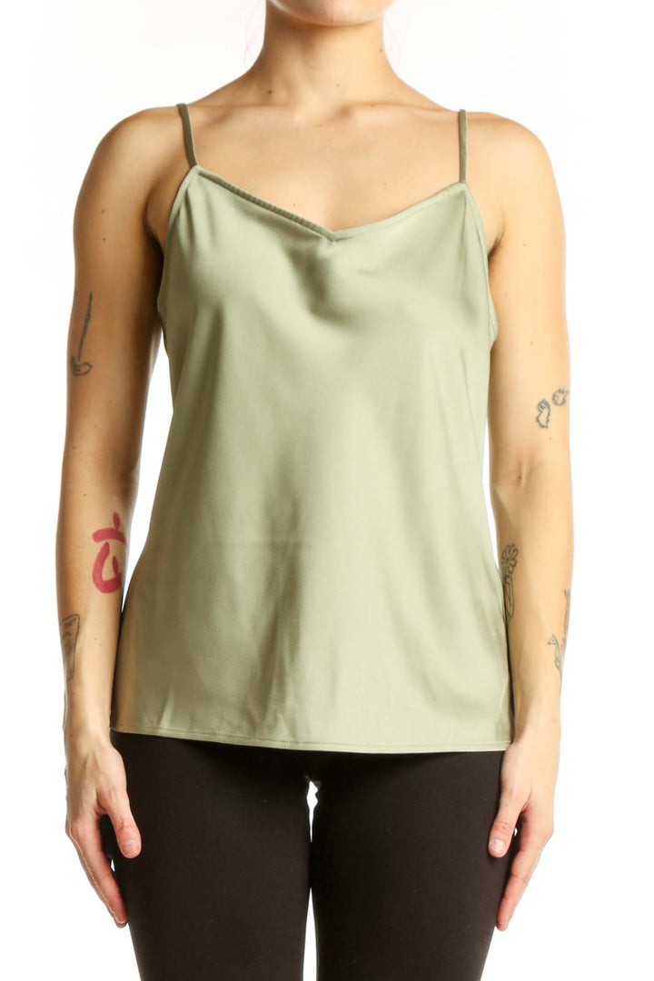 Sage green camisole tank top with cowl neckline and spaghetti straps, front view
