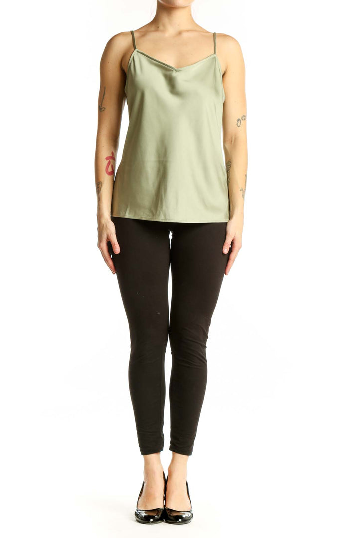 Sage green camisole tank top with cowl neckline and spaghetti straps, front view