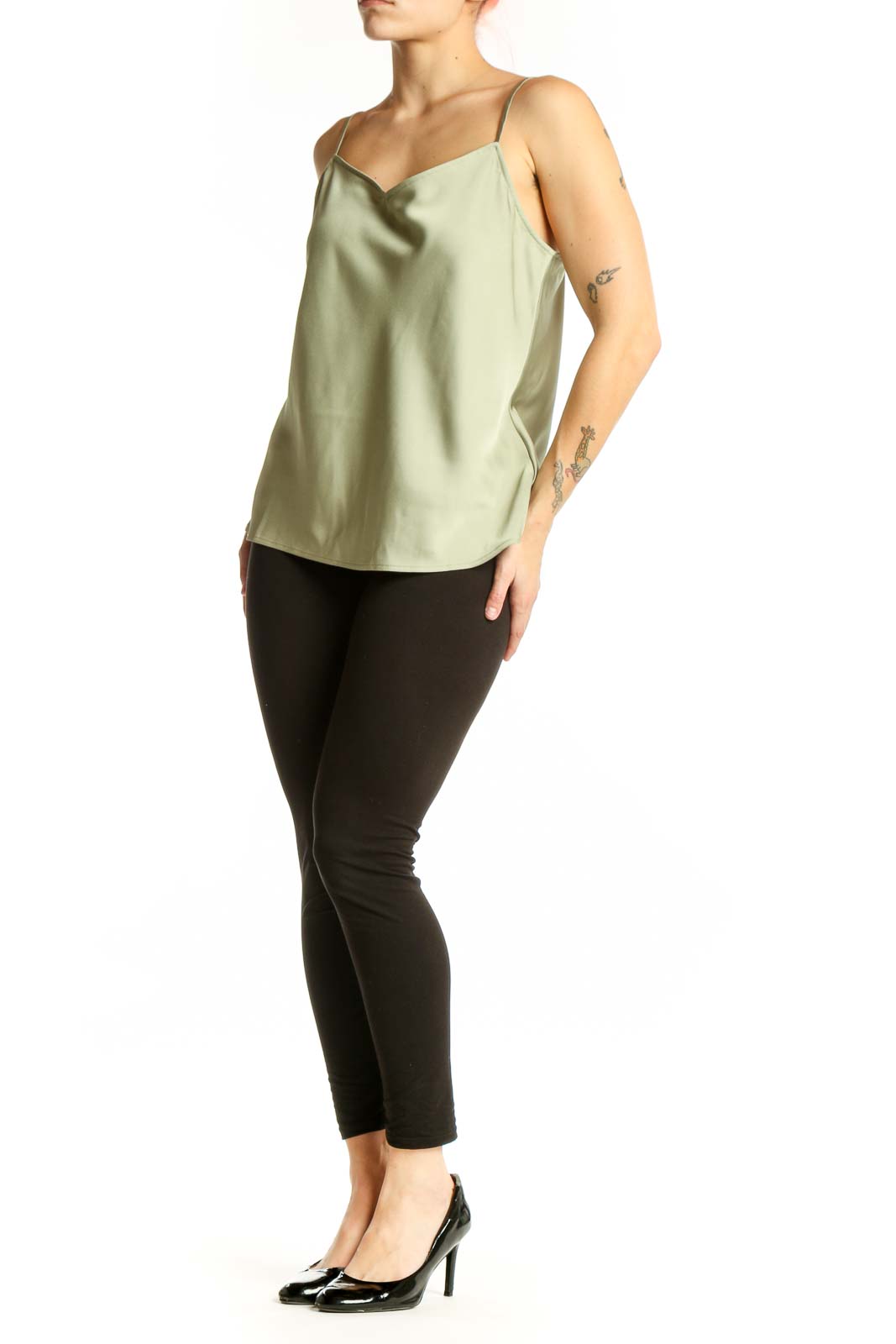 Sage green camisole tank top with cowl neckline and spaghetti straps, front view