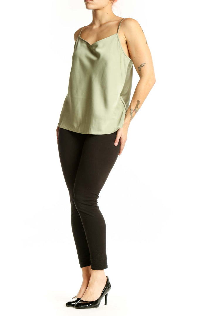Sage green camisole tank top with cowl neckline and spaghetti straps, front view