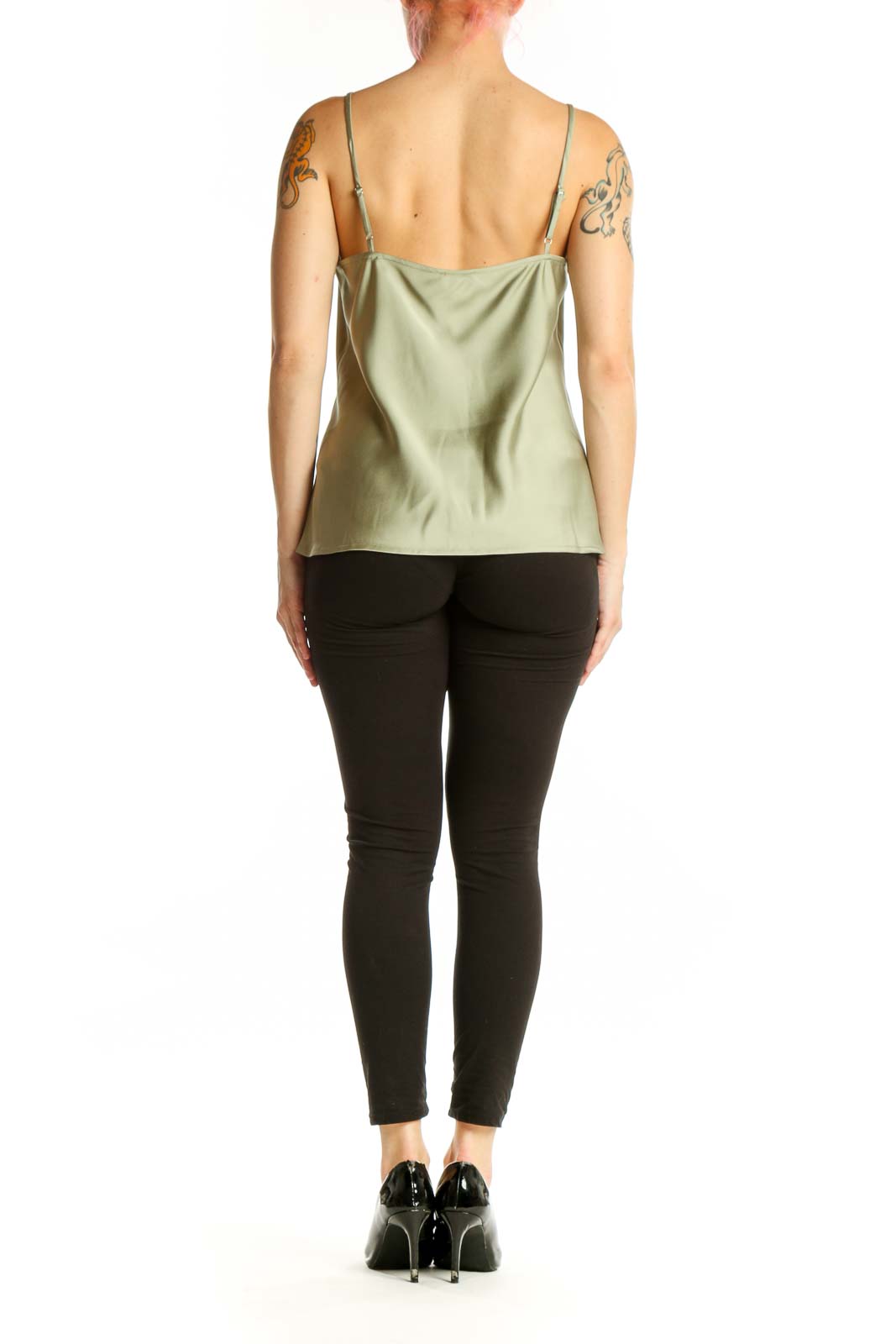 Sage green camisole tank top with adjustable straps, back view