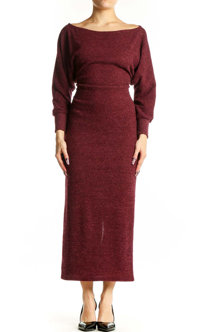 Front view of burgundy long sleeve knit midi dress with off-shoulder neckline and fitted waist