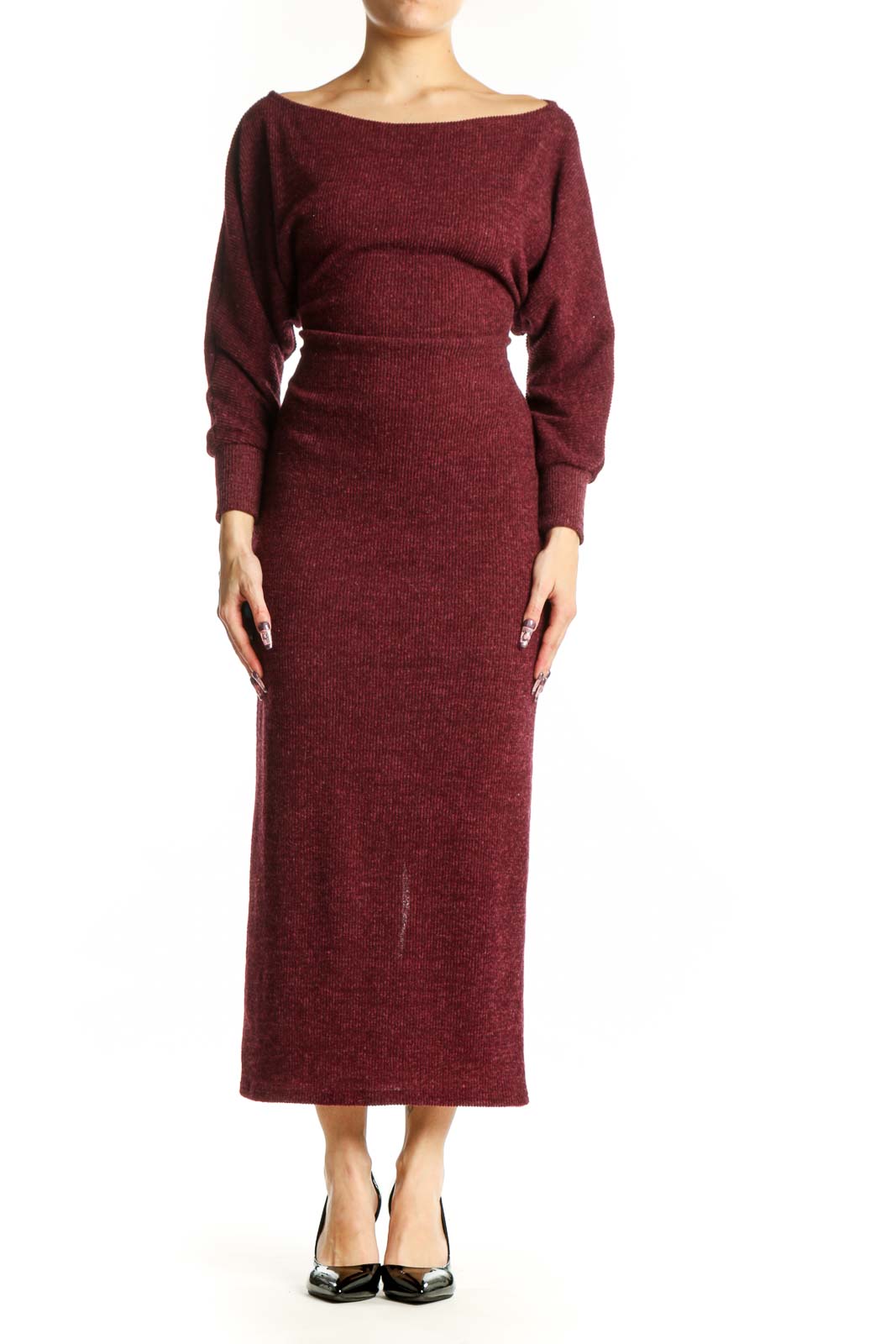 Front view of burgundy long sleeve knit midi dress with off-shoulder neckline and fitted waist