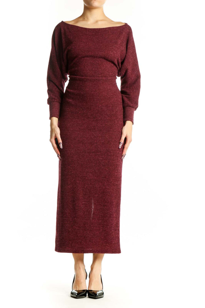 Front view of burgundy long sleeve knit midi dress with off-shoulder neckline and fitted waist