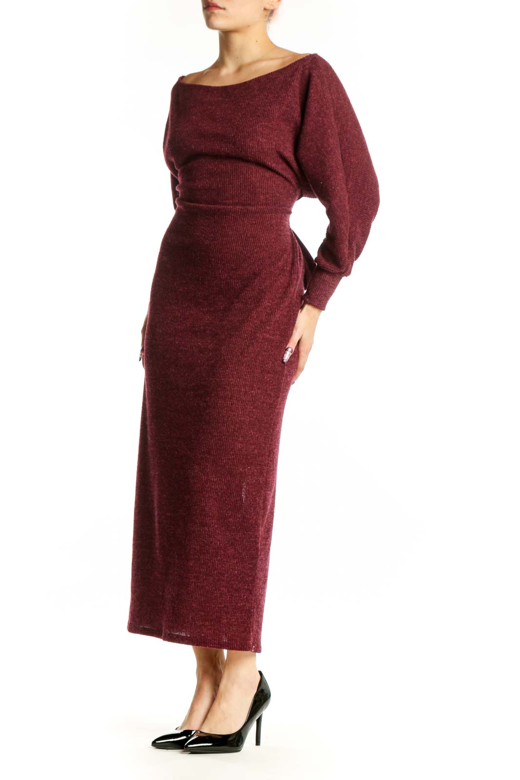 Front view of burgundy long sleeve knit midi dress with off-shoulder neckline and fitted waist