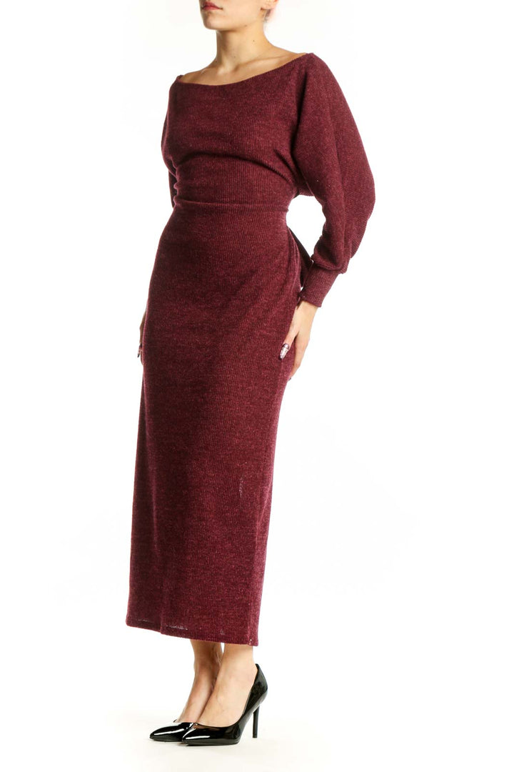 Front view of burgundy long sleeve knit midi dress with off-shoulder neckline and fitted waist