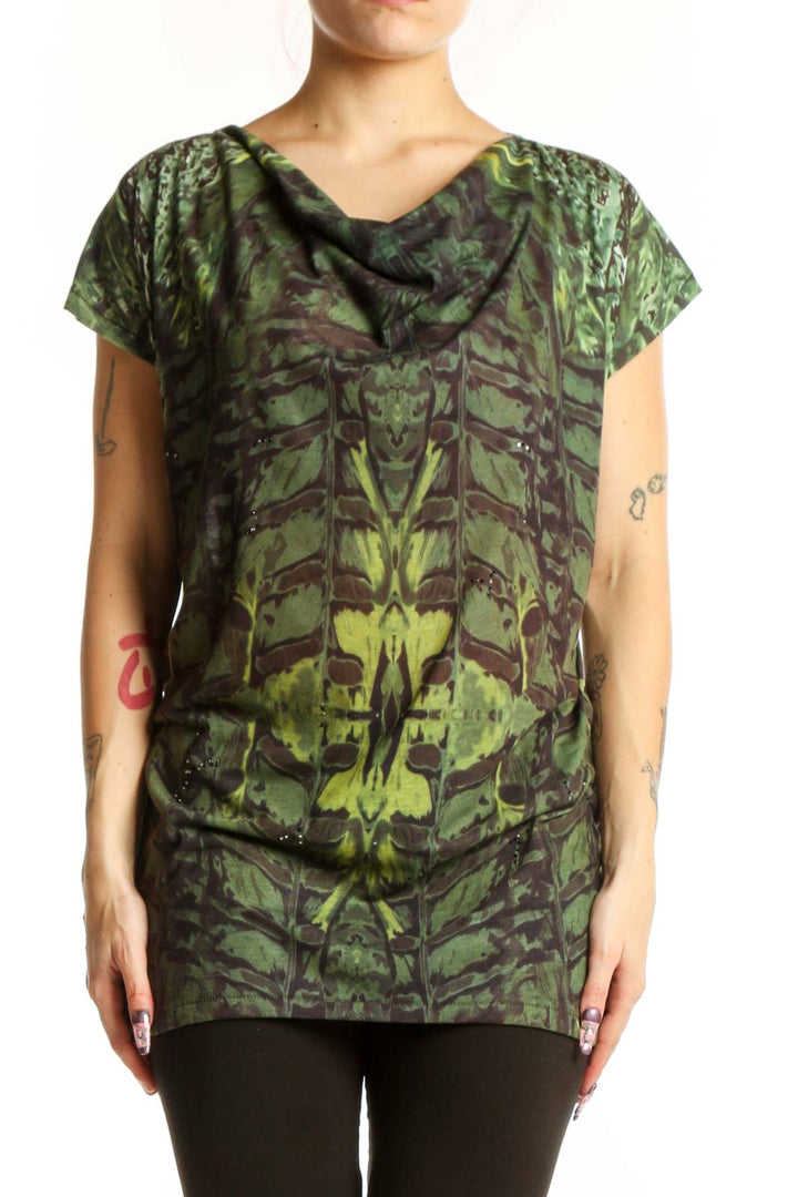 Kenneth Cole New York green ornamental print short sleeve top with cowl neckline, front view