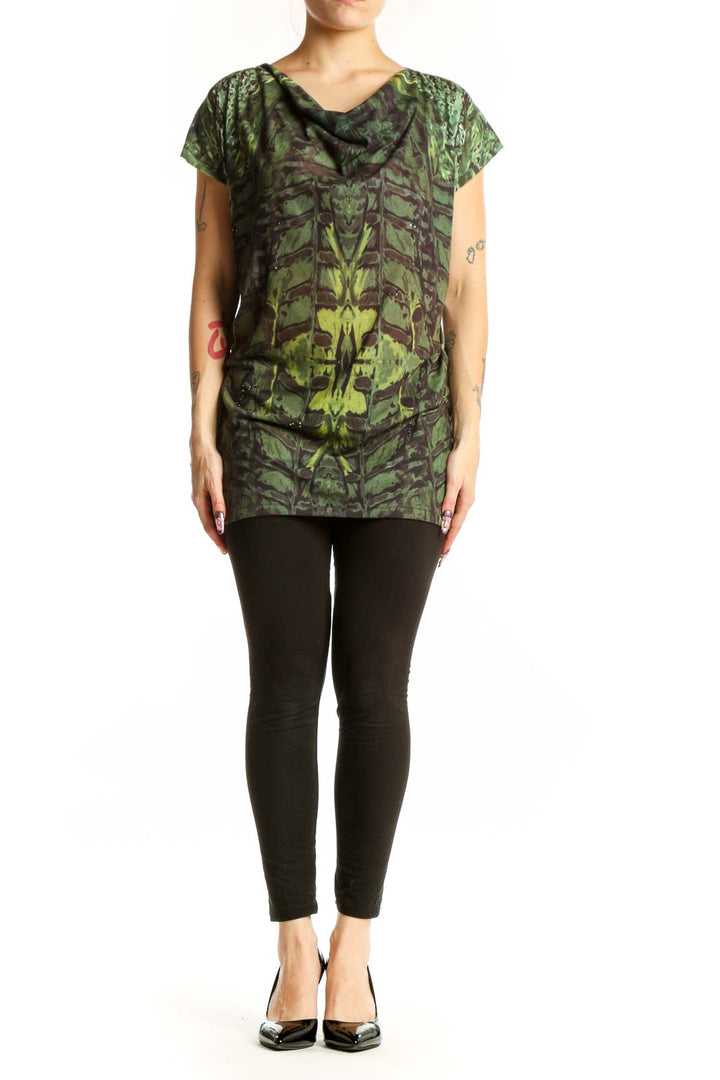 Kenneth Cole New York green ornamental print short sleeve top with cowl neckline, front view